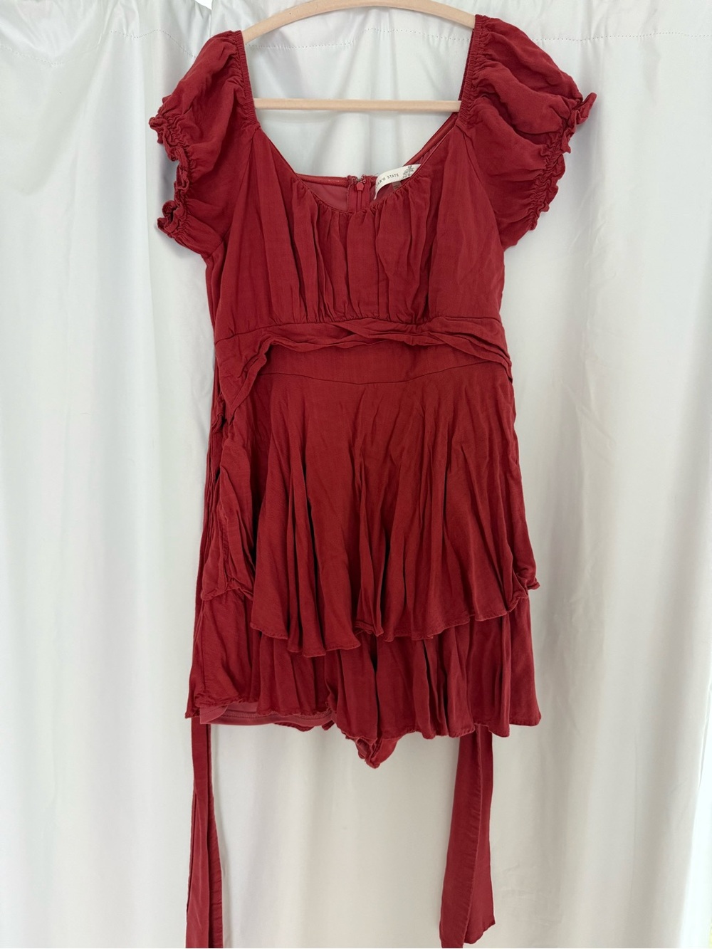 Altar'd State Deep Rust Tiered Mini Dress with Puff Sleeves